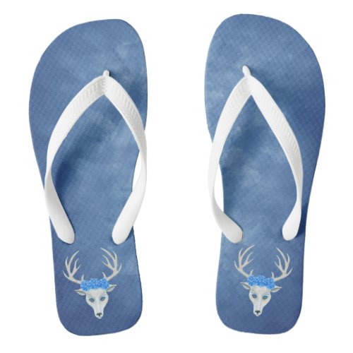 White Deer Head Antlers Blue Roses on Misty Blue Flip Flops