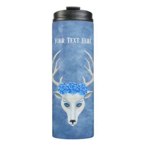 White Deer Head Antlers Roses Mysterious Face Blue Thermal Tumbler