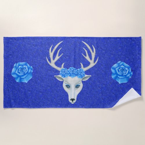 White Deer Head Antlers Roses on Blue Beach Towel