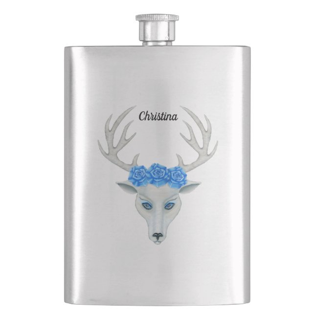White Deer Head Antlers Vibrant Blue Eyes Roses Flask (Front)