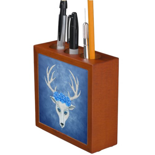 White Deer Head Antlers Wearing Pretty Blue Roses Desk Organizer