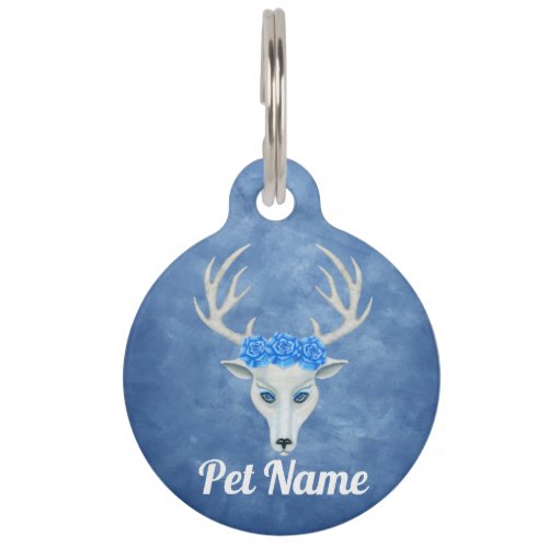 White Deer Head Antlers Wearing Roses on Blue Pet ID Tag