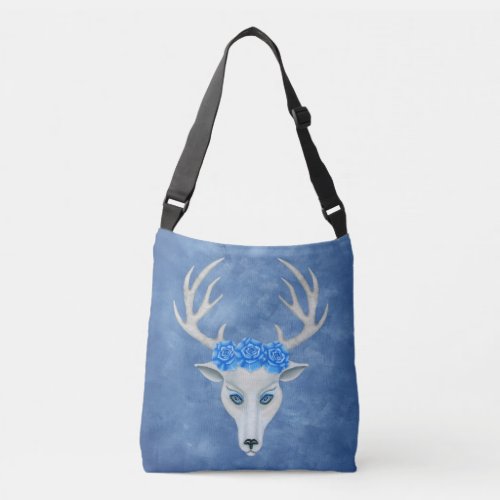 White Deer Head Blue Eyes Antlers Big Blue Roses Crossbody Bag