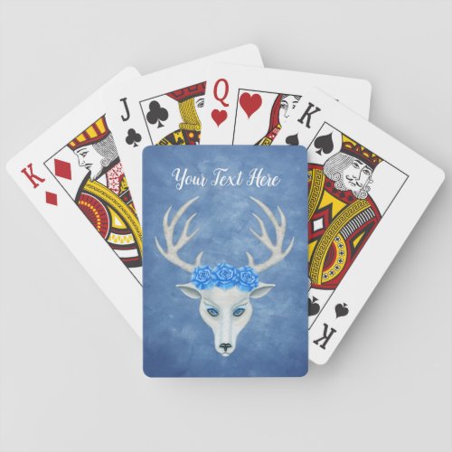 White Deer Head blue Eyes Antlers Roses on Blue Poker Cards