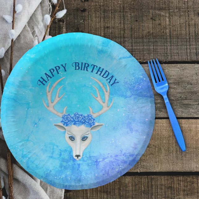 White Deer Head Blue Eyes Roses Antlers Birthday Paper Bowls (White deer head wearing pretty blue roses with antlers on happy birthday paper bowl in mix of blues.)