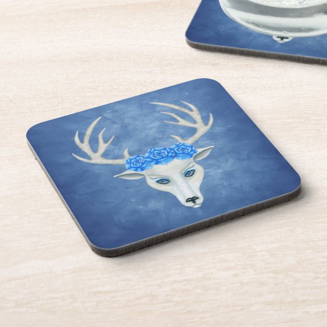 White Deer Head Blue Mysterious Eyes Antlers Roses Beverage Coaster (Left Side)