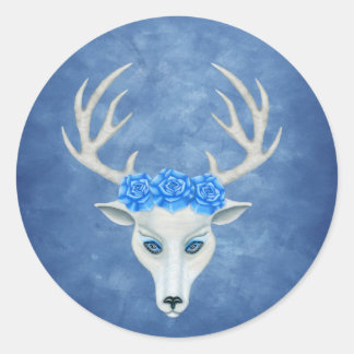 White Deer Head Face Blue Eyes Roses Antlers Classic Round Sticker