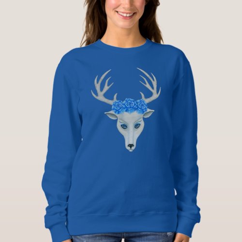 White Deer Head Mysterious Blue Eyes Antlers Roses Sweatshirt