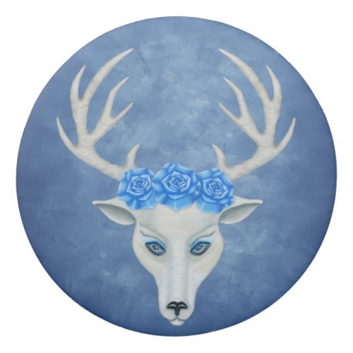 White Deer Head Mysterious Blue Eyes Roses on Blue Eraser