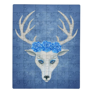 White Deer Head Mysterious Eyes Antlers Roses Blue Jigsaw Puzzle