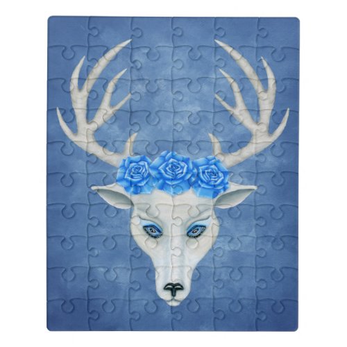 White Deer Head Mysterious Eyes Antlers Roses Blue Jigsaw Puzzle