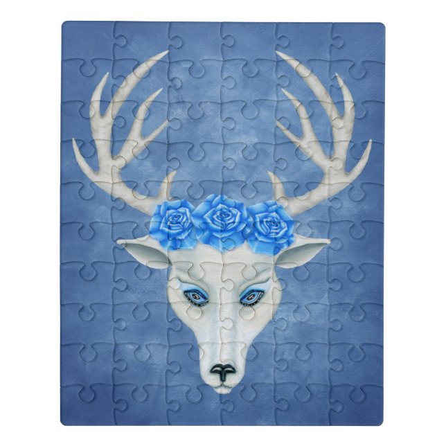 White Deer Head Mysterious Eyes Antlers Roses Blue Jigsaw Puzzle (Puzzle Vertical)