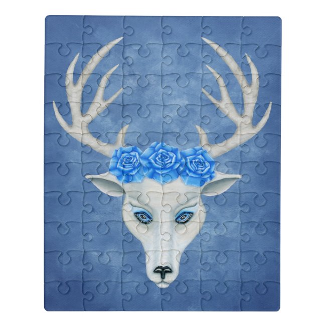 White Deer Head Mysterious Eyes Antlers Roses Blue