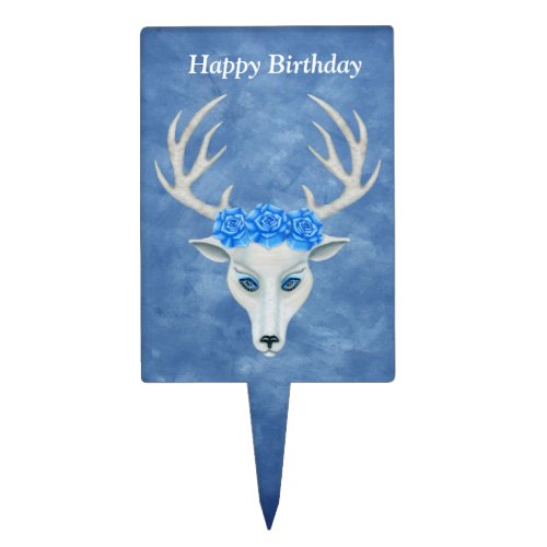 White Deer Head Mysterious Face Antlers Blue Roses Cake Topper