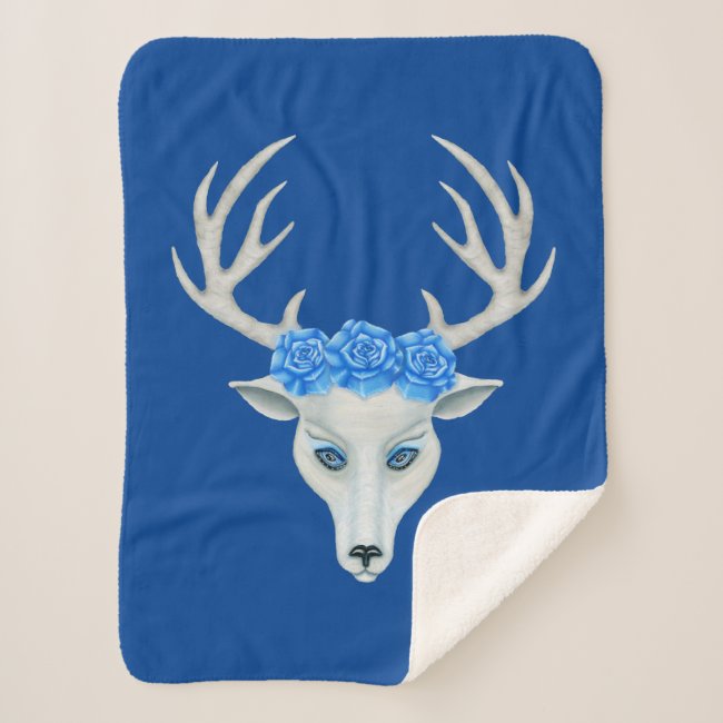 White Deer Head Mysterious Face Antlers Blue Roses