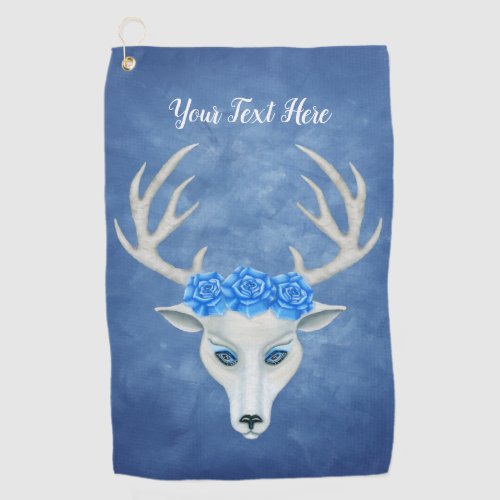 White Deer Head Mysterious Face Antlers Roses Blue Golf Towel