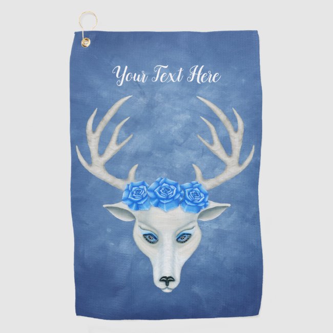 White Deer Head Mysterious Face Antlers Roses Blue