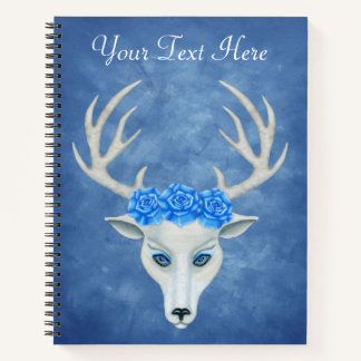 White Deer Head Mysterious Face Antlers Roses Blue Notebook