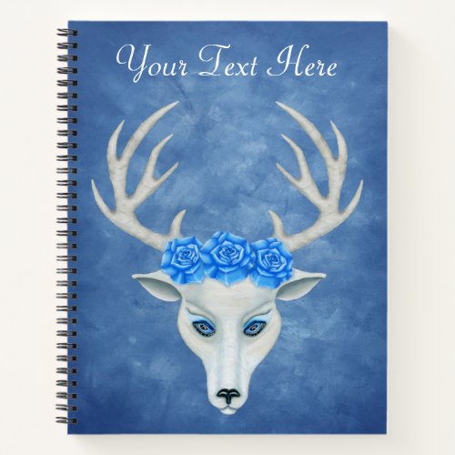 White Deer Head Mysterious Face Antlers Roses Blue Notebook