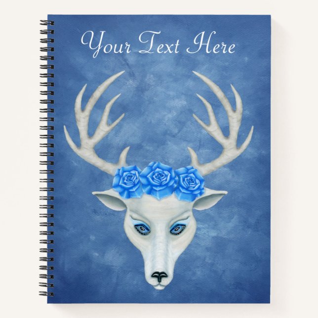 White Deer Head Mysterious Face Antlers Roses Blue Notebook (Front)