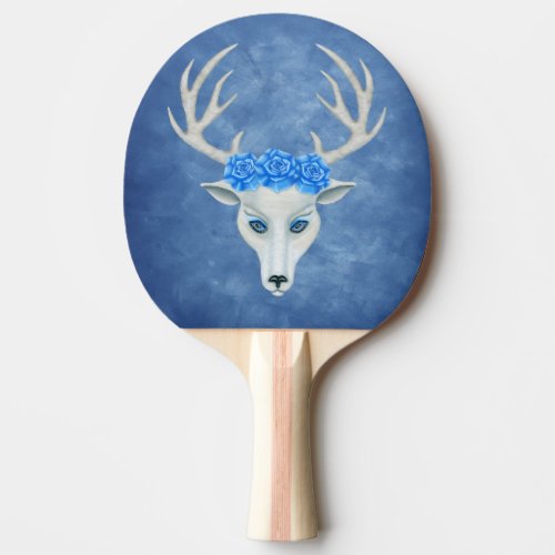 White Deer Head Mysterious Face Antlers Roses Blue Ping Pong Paddle