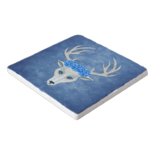 White Deer Head Mysterious Face Antlers Roses Blue Trivet