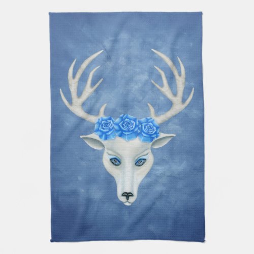 White Deer Head Mysterious Face Blue Eyes Roses Kitchen Towel