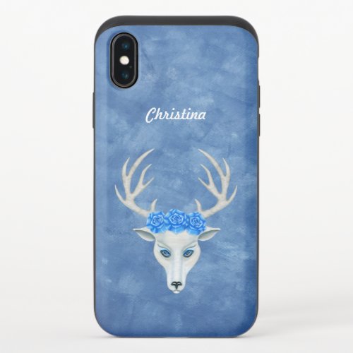 White Deer Head Mysterious Face Blue Roses on Head iPhone X Slider Case