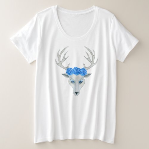 White Deer Head Pretty Face Antlers Blue Roses Plus Size T_Shirt