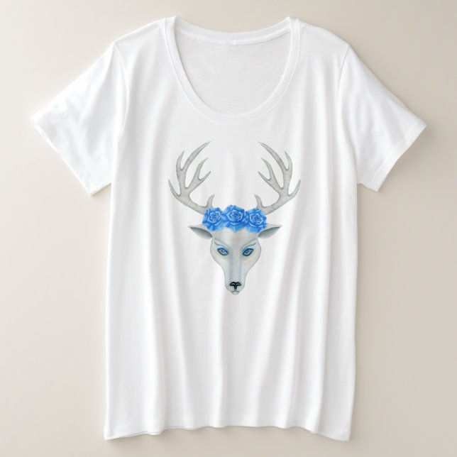White Deer Head Pretty Face Antlers Blue Roses Plus Size T-Shirt (Design Front)