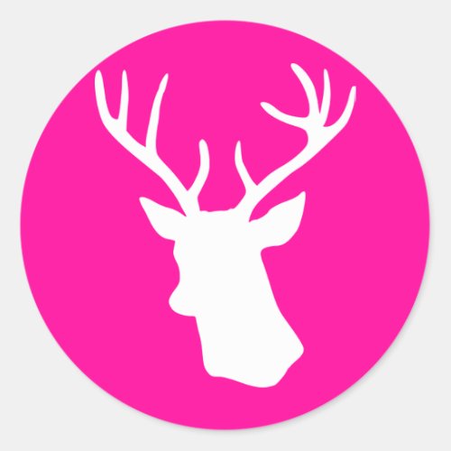 White Deer Head Silhouette _ hot pink Classic Round Sticker