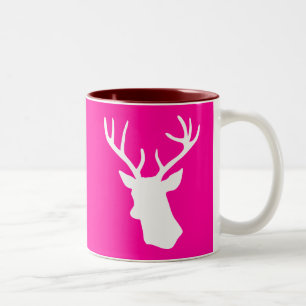 White Deer Head Silhouette - hot pink Two-Tone Coffee Mug