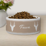 White Deer Head Silhouette On Beige & Custom Name Bowl<br><div class="desc">Destei's original white silhouette design of a deer head with large antlers on a beige background color. There is also a personalizable text area for a name or other custom text. The design is framed by thin borders.</div>