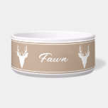 White Deer Head Silhouette On Beige & Custom Name Bowl<br><div class="desc">Destei's original white silhouette design of a deer head with large antlers on a beige background color. There is also a personalizable text area for a name or other custom text. The design is framed by thin borders.</div>