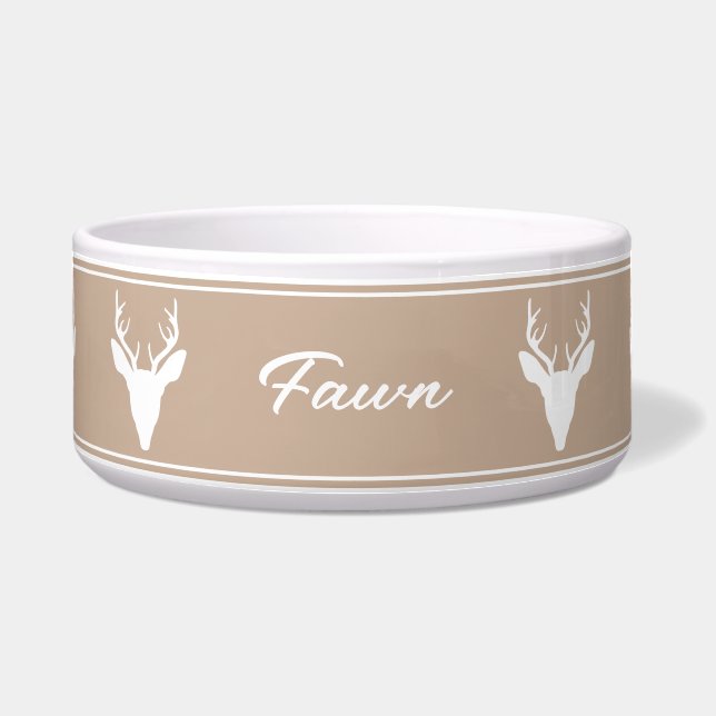 White Deer Head Silhouette On Beige & Custom Name Bowl (Front)
