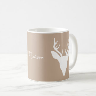 White Deer Head Silhouette On Beige &amp; Custom Name Coffee Mug