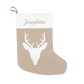White Deer Head Silhouette On Beige &amp; Custom Name Small Christmas Stocking