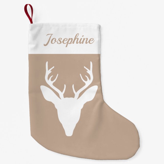 White Deer Head Silhouette On Beige & Custom Name Small Christmas Stocking (Front)