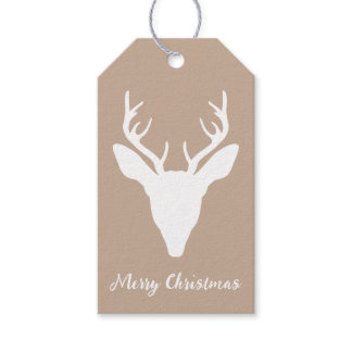 White Deer Head Silhouette On Beige &amp; Custom Text Gift Tags
