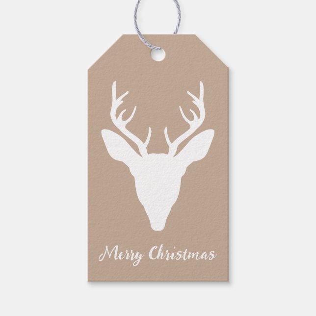 White Deer Head Silhouette On Beige & Custom Text Gift Tags (Front)