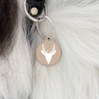 White Deer Head Silhouette On Beige &amp; Custom Text Pet ID Tag