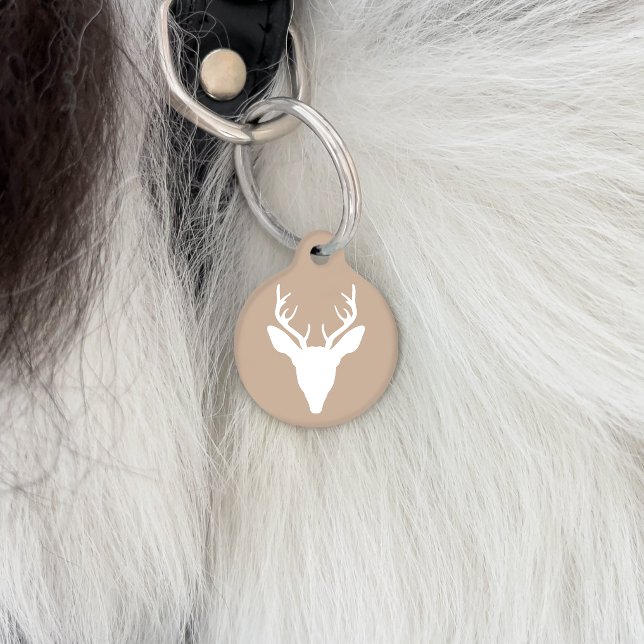 White Deer Head Silhouette On Beige & Custom Text Pet ID Tag