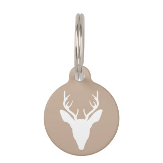 White Deer Head Silhouette On Beige &amp; Custom Text Pet ID Tag