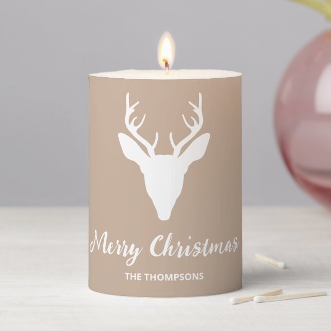 White Deer Head Silhouette On Beige & Custom Text Pillar Candle (In Situ)