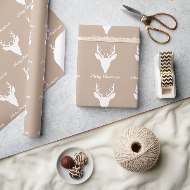 White Deer Head Silhouette On Beige & Custom Text Wrapping Paper (Crafts)
