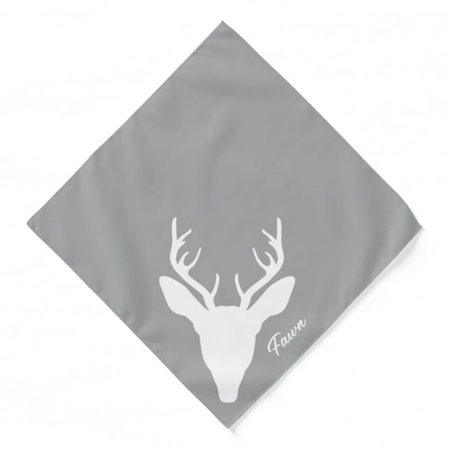 White Deer Head Silhouette On Gray And Custom Name Bandana (Front)