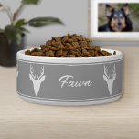 White Deer Head Silhouette On Gray And Custom Name Bowl<br><div class="desc">Destei's original white silhouette design of a deer or buck head with large antlers on a gray background color. There is also a personalizable text area for a name or other custom text. The design is framed by thin borders.</div>