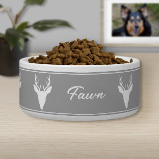 White Deer Head Silhouette On Gray And Custom Name Bowl