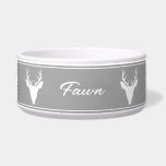 White Deer Head Silhouette On Gray And Custom Name Bowl<br><div class="desc">Destei's original white silhouette design of a deer or buck head with large antlers on a gray background color. There is also a personalizable text area for a name or other custom text. The design is framed by thin borders.</div>