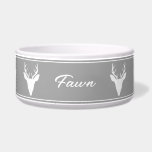 White Deer Head Silhouette On Gray And Custom Name Bowl<br><div class="desc">Destei's original white silhouette design of a deer or buck head with large antlers on a gray background color. There is also a personalizable text area for a name or other custom text. The design is framed by thin borders.</div>